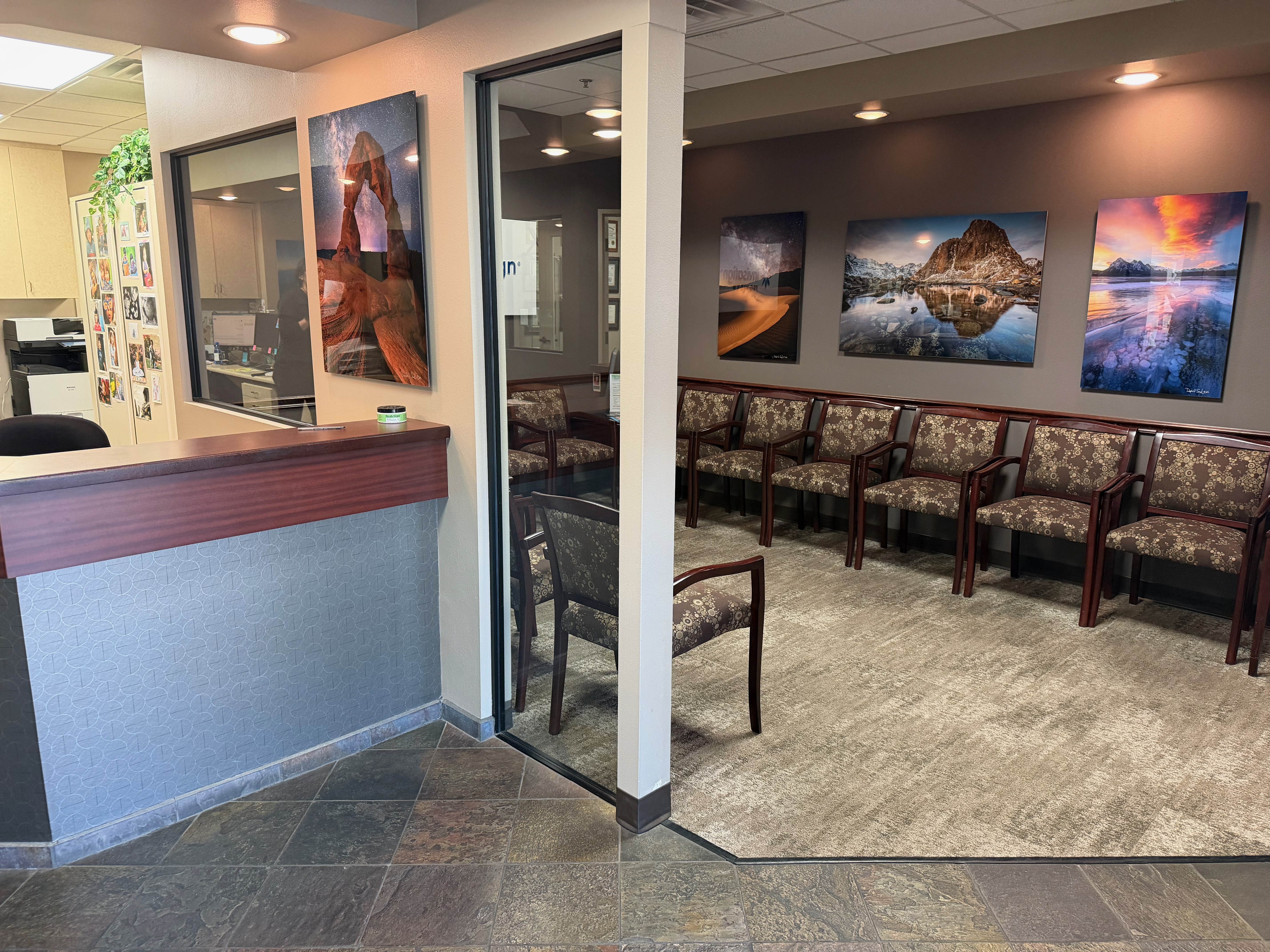 The reception area and waiting room at Sandquist Dentistry in Las Vegas