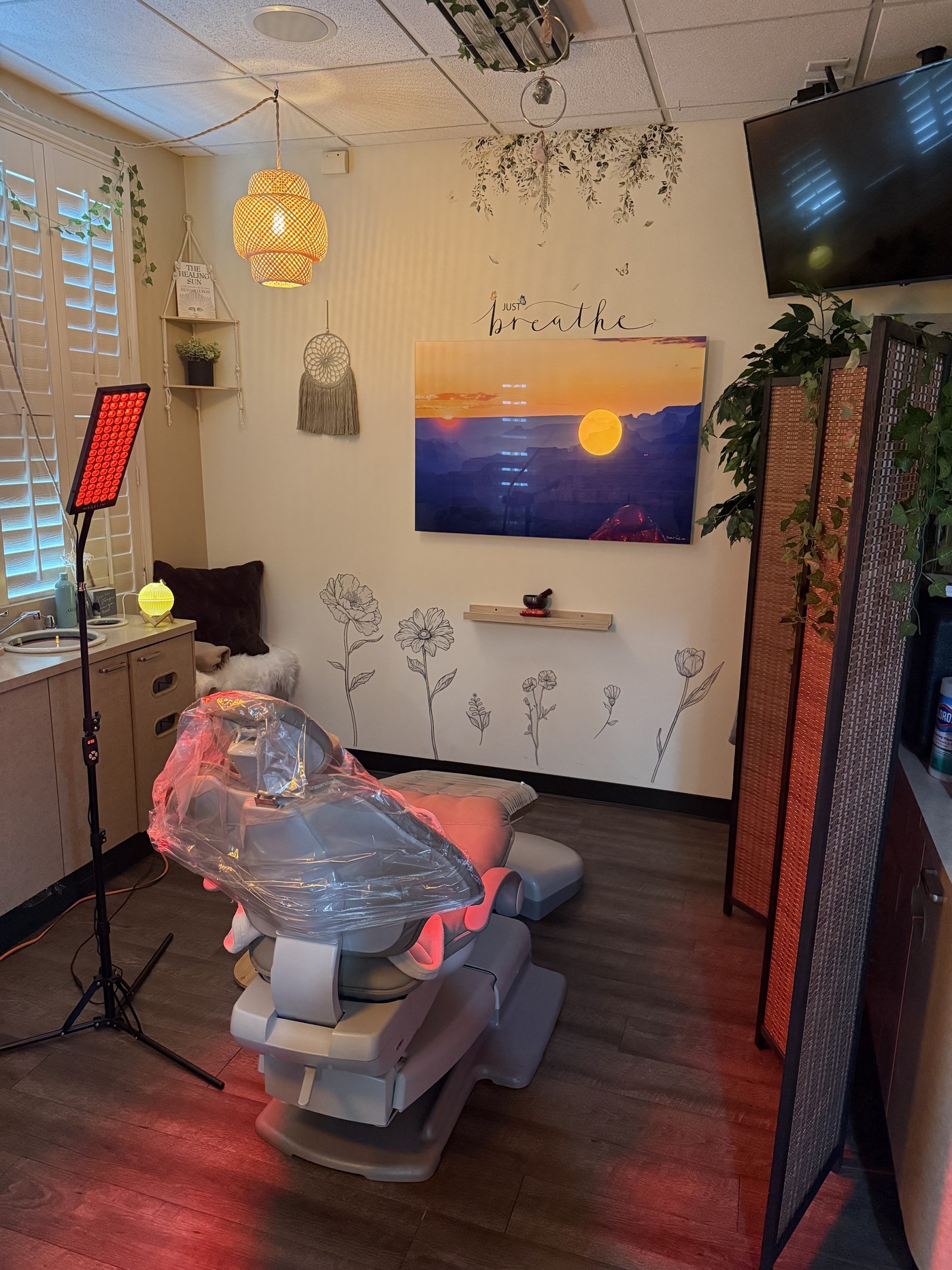 The Zen Room at Sandquist Dentistry, with red light therapy panel and calming decor